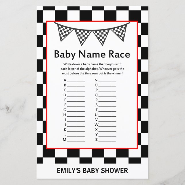 Racing Car Baby Shower Game PRINTED (Front)