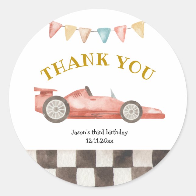 Racing Car Birthday Thank You Sticker (Front)