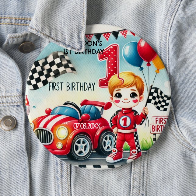 Racing Car Boy 1st Birthday Party  6 Inch Round Button (In Situ)