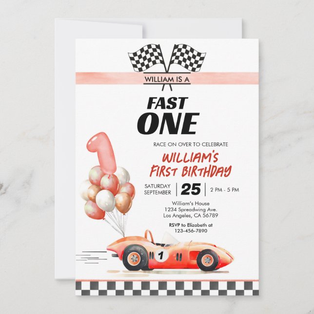 Racing Car Fast One Blue 1st Birthday Invitation (Front)