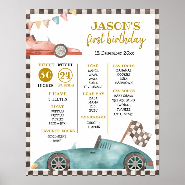 Racing Car First Birthday Sign (Front)