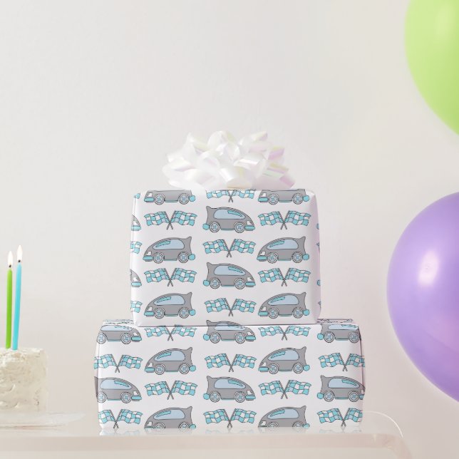 Racing Cars and Flags on White Pattern Wrapping Paper (Party Gifts)