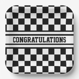 Racing Chequered Winners Flag Black and White Paper Plate