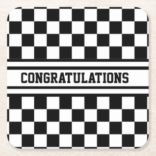 Racing Chequered Winners Flag Black and White Square Paper Coaster