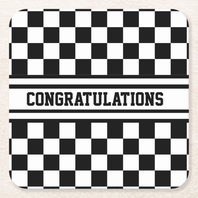Racing Chequered Winners Flag Black and White Square Paper Coaster (Front)