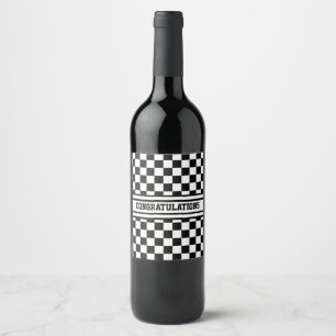 Racing Chequered Winners Flag Black and White Wine Label