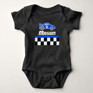 Racing driver blue car custom name baby boy romper