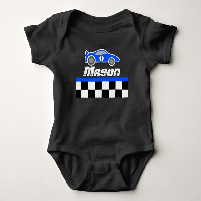 Racing driver blue car custom name baby boy romper (Front)
