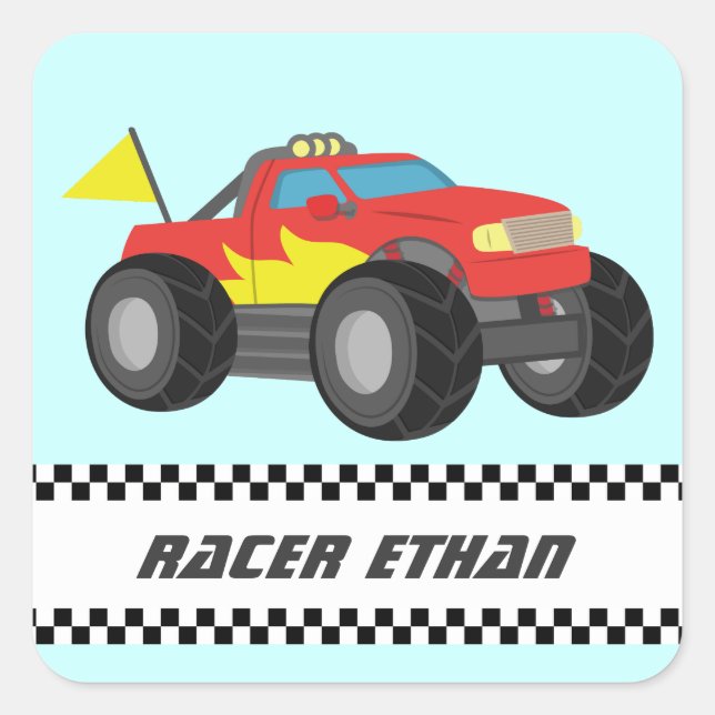 Racing Fiery Red Monster Truck, for Boys Square Sticker (Front)