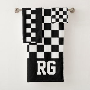Racing Flag Black White Chequered Personalized Bath Towel Set