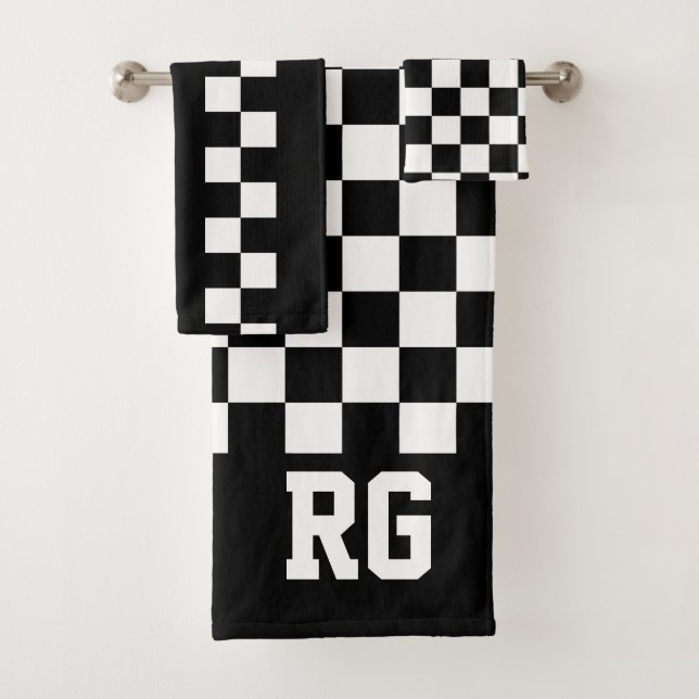Racing Flag Black White Chequered Personalized Bath Towel Set (Insitu)