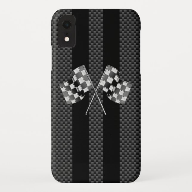 Racing Flags on Black Stripes Carbon Fibre Style Case-Mate iPhone Case (Back)