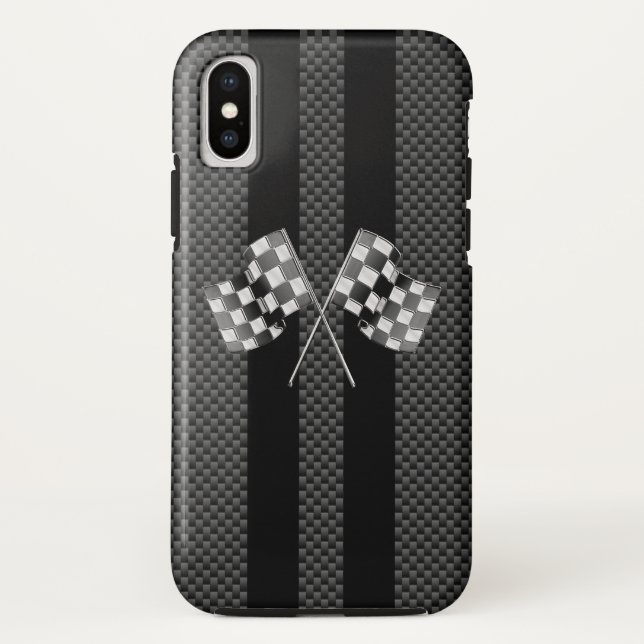 Racing Flags on Black Stripes Carbon Fibre Style Case-Mate iPhone Case (Back)