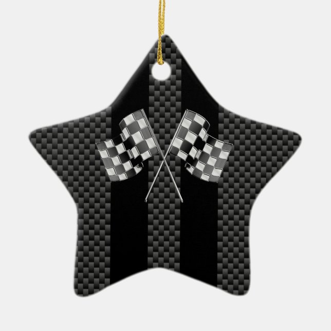 Racing Flags on Black Stripes Carbon Fibre Style Ceramic Ornament (Front)