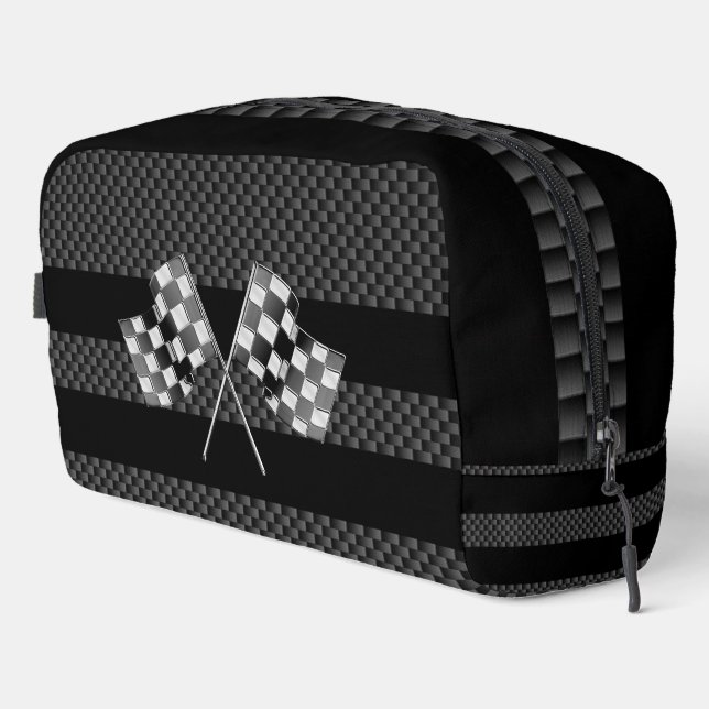 Racing Flags on Black Stripes Carbon Fibre Style Dopp Kit (Right Corner)