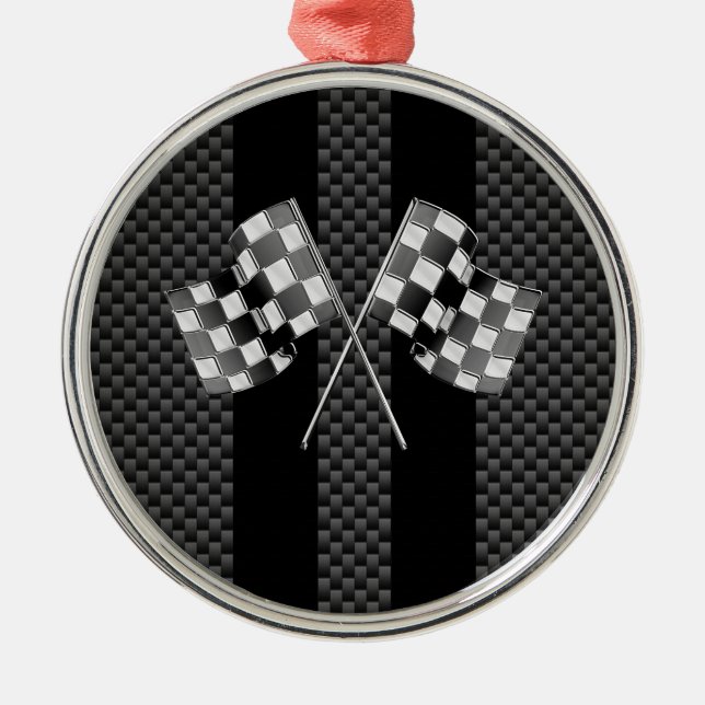 Racing Flags on Black Stripes Carbon Fibre Style Metal Ornament (Front)