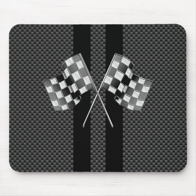 Racing Flags on Black Stripes Carbon Fibre Style Mouse Pad (Front)
