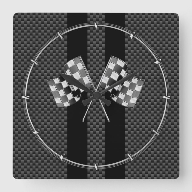 Racing Flags on Black Stripes Carbon Fibre Style Square Wall Clock (Front)