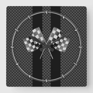 Racing Flags on Black Stripes Carbon Fibre Style Square Wall Clock