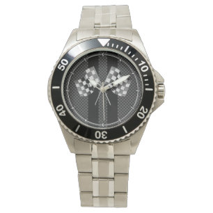 Racing Flags on Black Stripes Carbon Fibre Style Watch