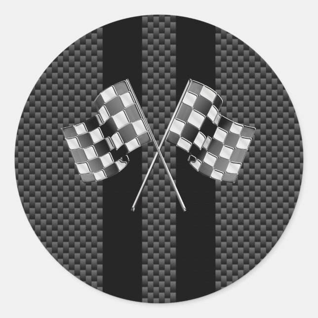 Racing Flags on Stripes Carbon Fibre Like Style Classic Round Sticker (Front)