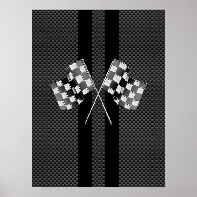 Racing Flags on Stripes Carbon Fibre Like Style Poster (Front)