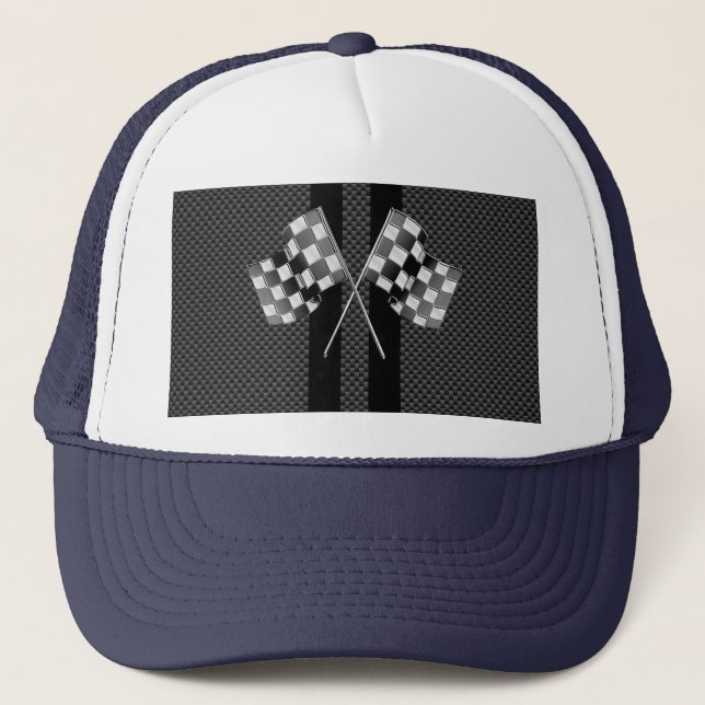 Racing Flags on Stripes Carbon Fibre Like Style Trucker Hat (Front)