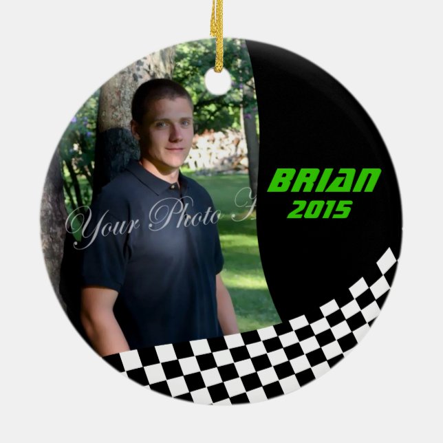Racing Flags Photo Keepsake Ceramic Ornament (Back)
