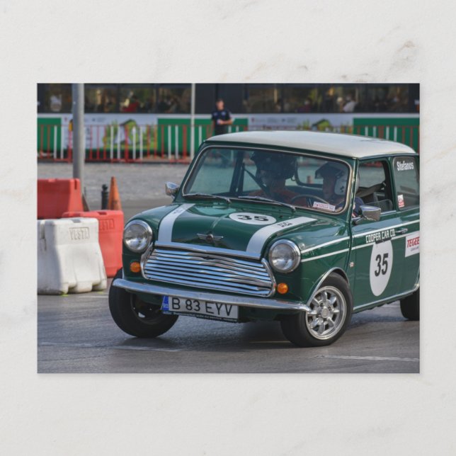 Racing Green Classic Mini Cooper car postcard (Front)