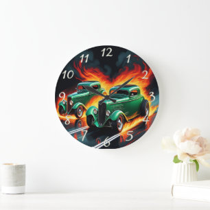 Racing hot rods on a fiery sunset highway large clock
