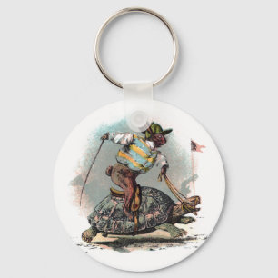 Racing Rabbit Riding Tortoise Keychain