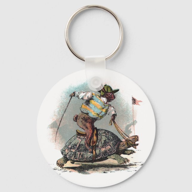 Racing Rabbit Riding Tortoise Keychain (Front)