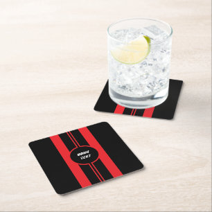 Racing Red Double Stripes Sports Custom Square Paper Coaster