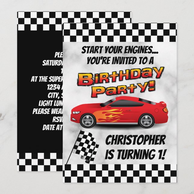 Racing Red Race Car Chequered Boy's Birthday Party Invitation (Front/Back)