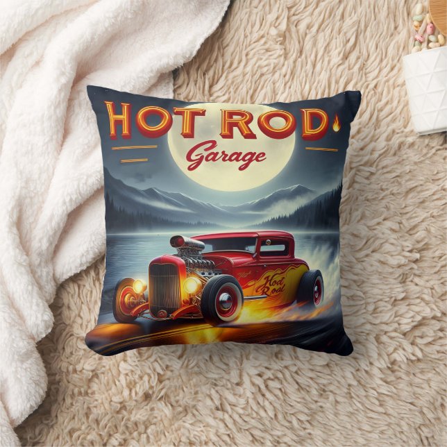 Racing through a moonlit landscape in a hot rod throw pillow (Blanket)