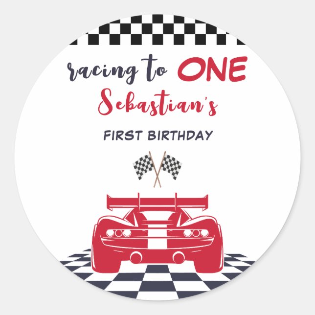 Racing to one first kids birthday classic round sticker (Front)