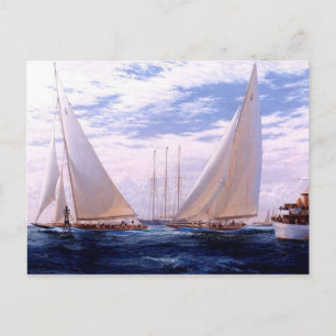 Racing yachts and a three-master at anchor postcard
