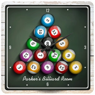 Rack Em Pool Hall Billiards Personalized Game Room Square Wall Clock
