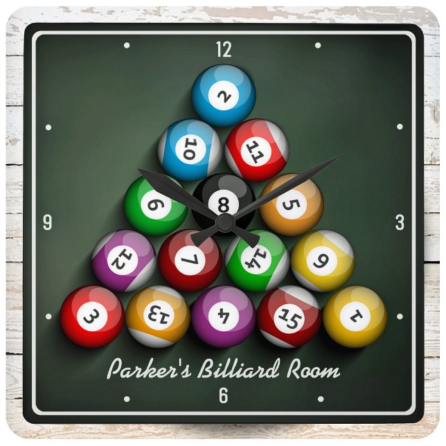 Rack Em Pool Hall Billiards Personalized Game Room Square Wall Clock (Creator Uploaded)