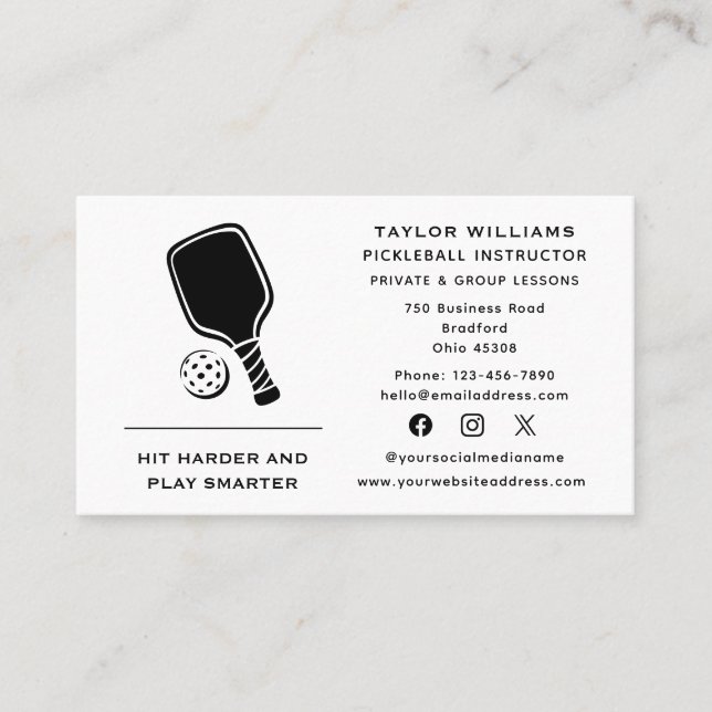 Racket Pickleball Coach Instructor Social Media Business Card (Front)