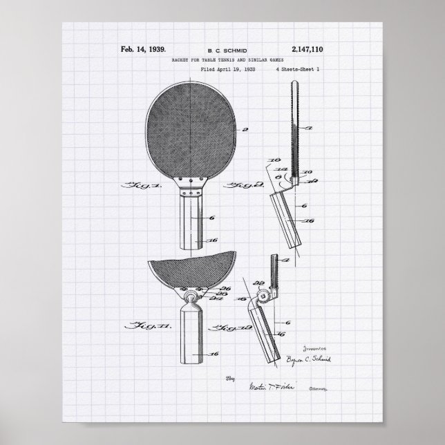 Racket Table Tennis 1939 Patent Art - Lined Peper Poster (Front)