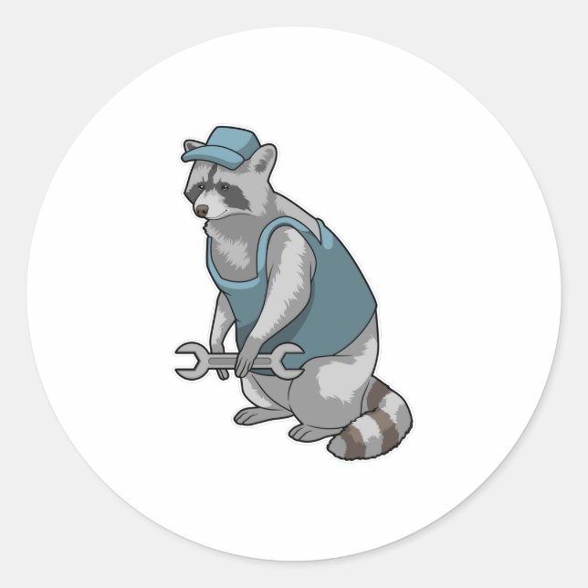 Racoon as Craftsman with Wrench Classic Round Sticker (Front)