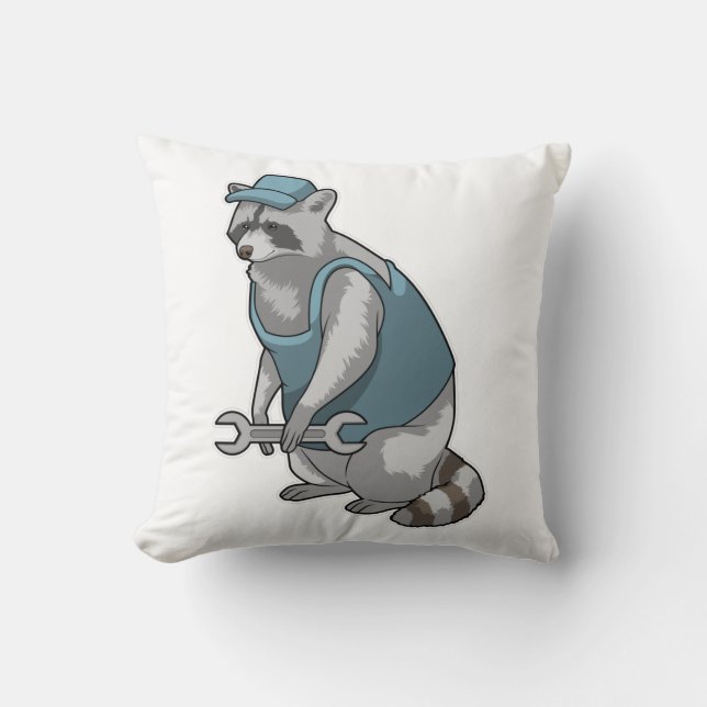 Racoon as Craftsman with Wrench Throw Pillow (Front)