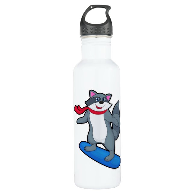 Racoon as Snowboarder with Snowboard & Scarf 710 Ml Water Bottle (Front)