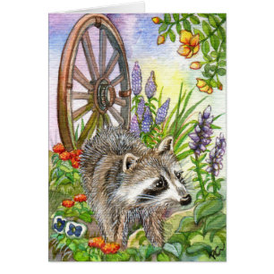 Racoon By Flower Garden
