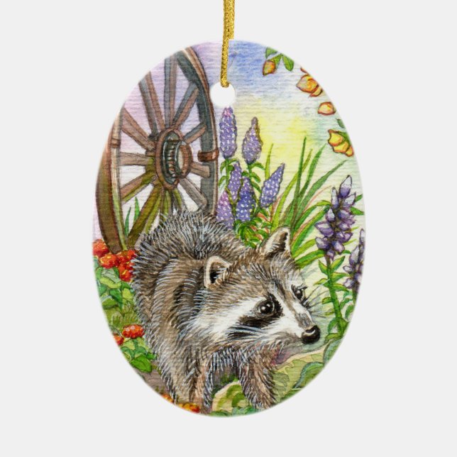 Racoon By Flower Garden Ceramic Ornament (Front)