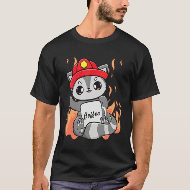 Racoon Drinks Coffee With Caffeine For Firefighter T-Shirt (Front)