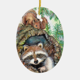 Racoon In The Tree Hole With Squirrel Ceramic Ornament