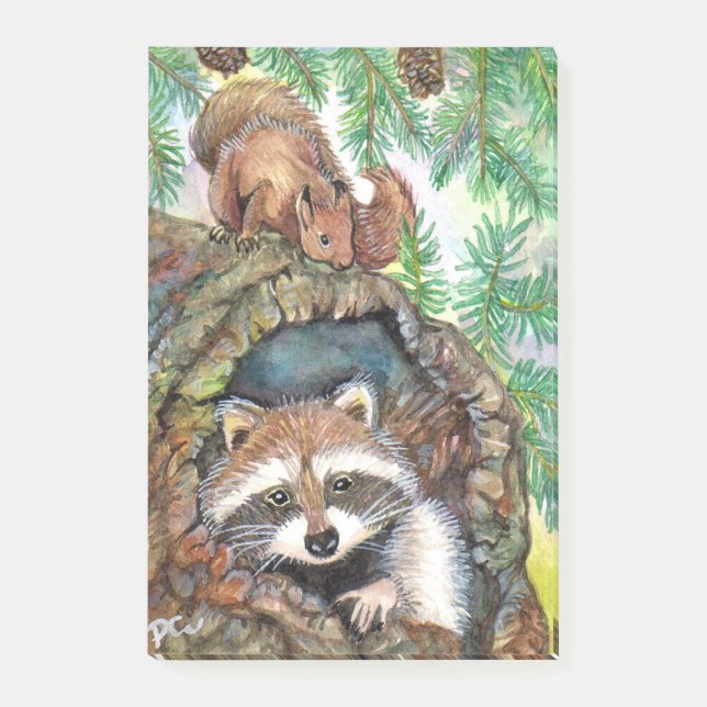 Racoon In The Tree Hole With Squirrel Post-it Notes (Front)