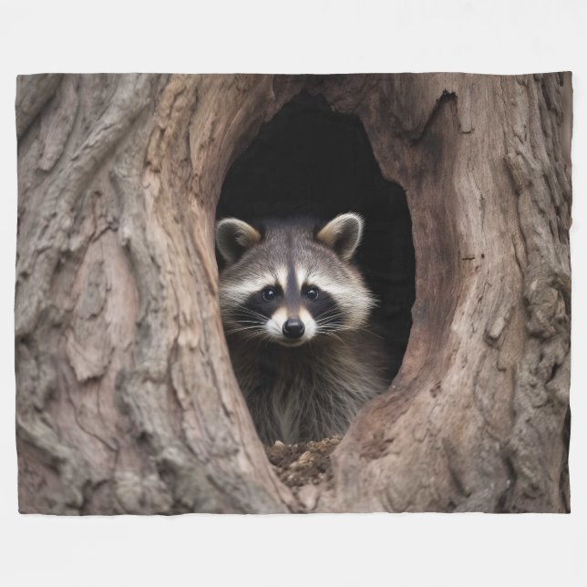 Racoon in Tree Cave  Fleece Blanket (Front (Horizontal))